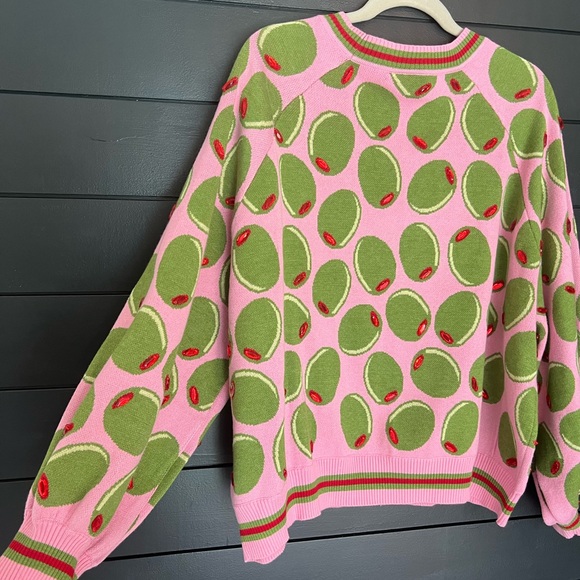 QUEEN OF SPARKLES Pink and Green Olive Cardigan Sweater V-Neck - Picture 5 of 6